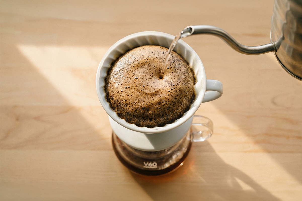 Café coado no V60 sendo visto de cima formando um lindo bloom (saída do excesso de CO2)