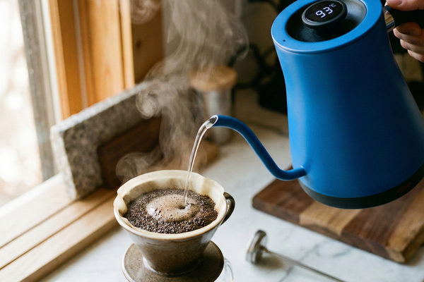 Uma chaleira azul marcando 93º realizando extração de café especial num V60 de cerâmica marrom, sobre uma bancada
